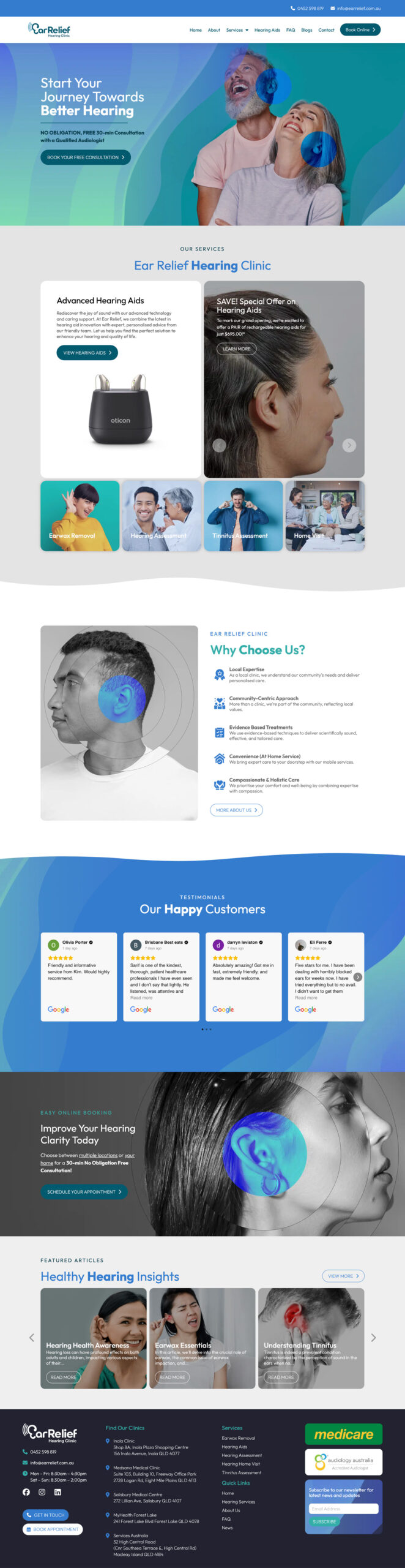 Web page featuring Ear Relief Hearing Clinic, highlighting ear care with hearing aids, customer testimonials, benefits, and informative images about hearing health. Includes contact information and social media links.