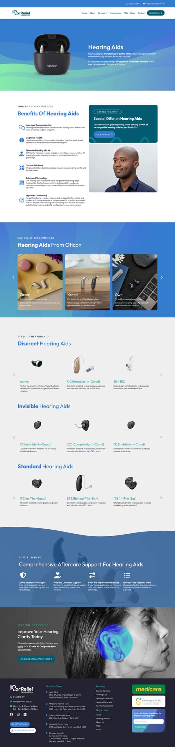 Experience the world of Oticon hearing aids on our homepage, featuring images of various models and a man enjoying ear relief. Explore sections on aftercare support and financing options. Discover a harmonious blend of blue and gray design for comfort before and after your purchase.