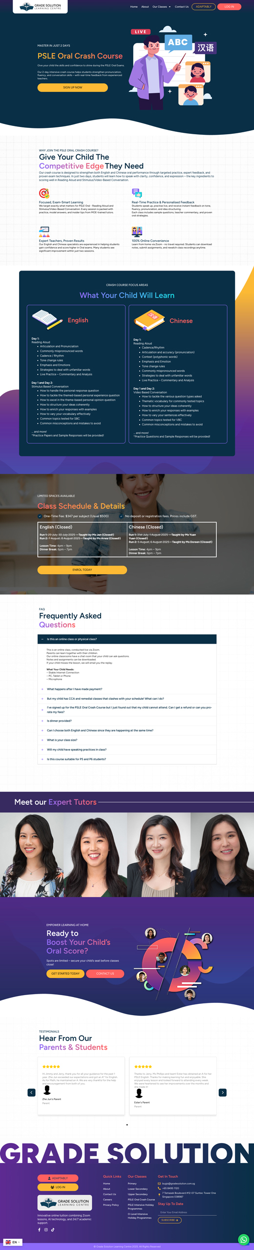 Screenshot of a website for GSLC’s Primary English & Chinese Crash Course, featuring Before After success stories, course details, learning outcomes, FAQs, testimonials, and photos of instructors.
