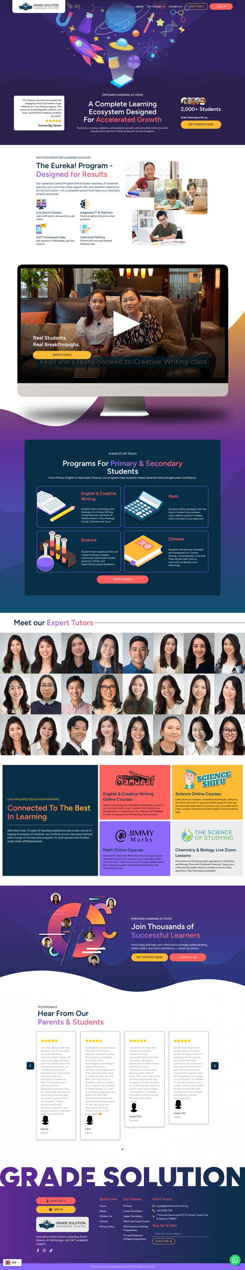 Screenshot of the GSLC tutoring service website showing information about programs, tutor profiles, customer testimonials, and partner logos in a colorful and modern design, highlighting impressive Before After success stories.