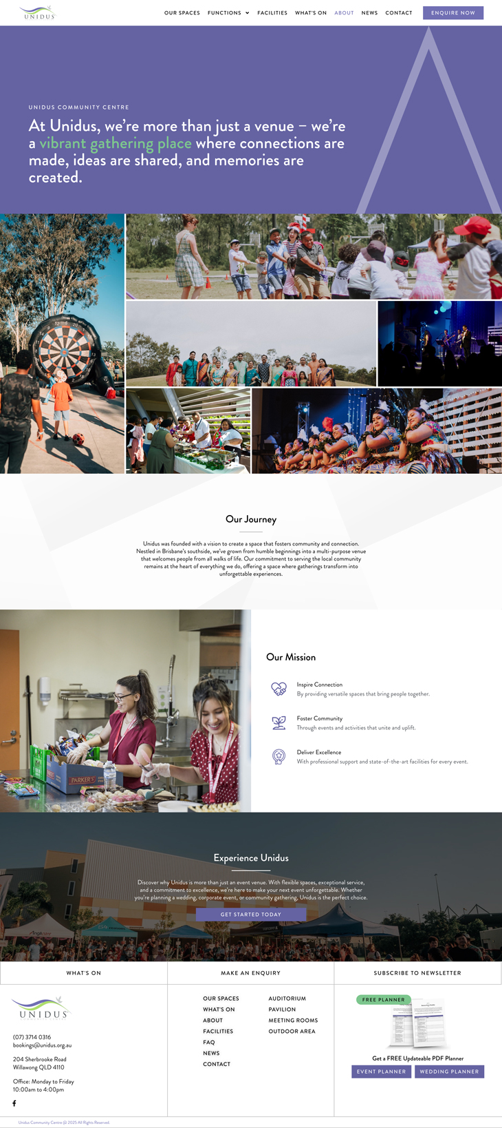 Screenshot of the Unidus Community Centre homepage featuring event images, a mission statement, and navigation menus for spaces, functions, and contact information—showcasing Unidus’ vibrant community before after recent updates.