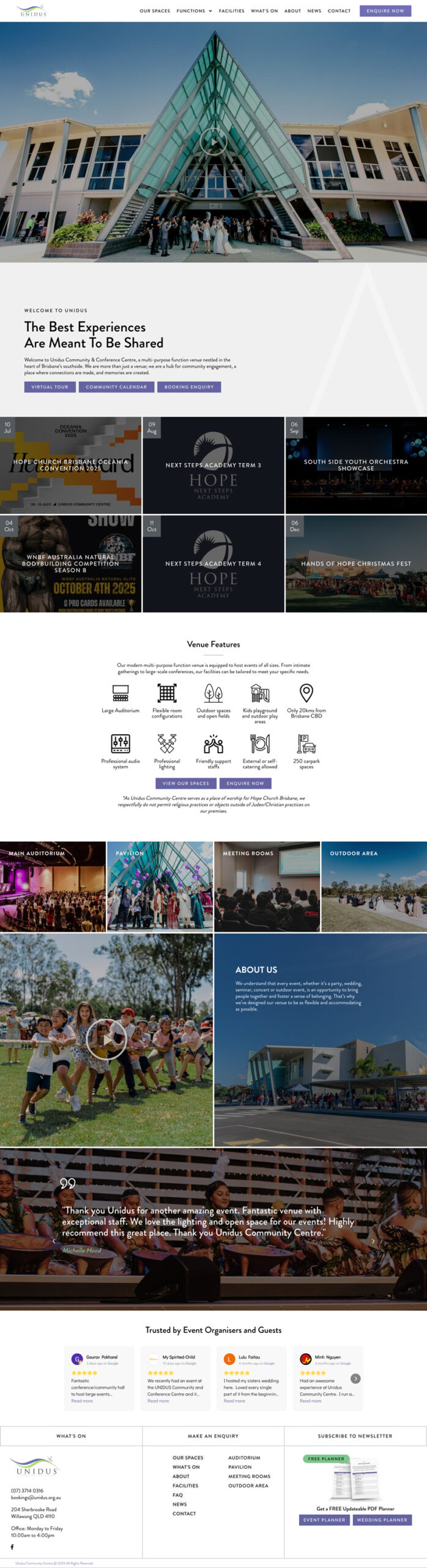 Website homepage for Unidus Convention Center featuring a modern glass entrance, event highlights, venue features, before-after photo galleries, an about section, and contact details.