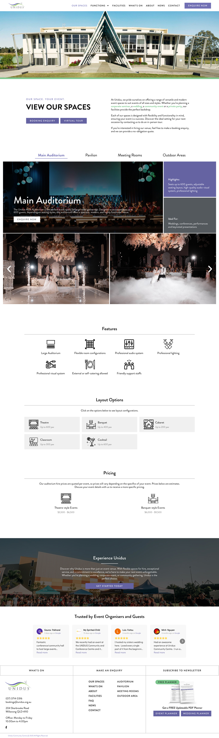 A Unidus webpage displays rental information for the main auditorium, including features, layout options, pricing details, Before After event images, and a building exterior at the top.