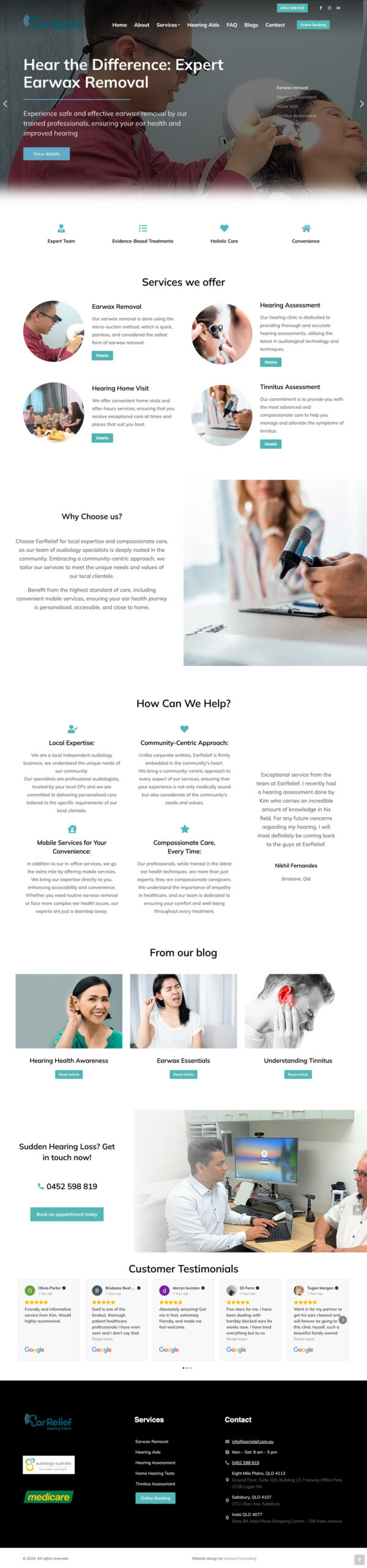 A website screenshot displays earwax removal services focused on ear relief, featuring hearing home visits and assessments. It includes customer testimonials, blog links, contact information, and highlights the benefits of professional ear care.