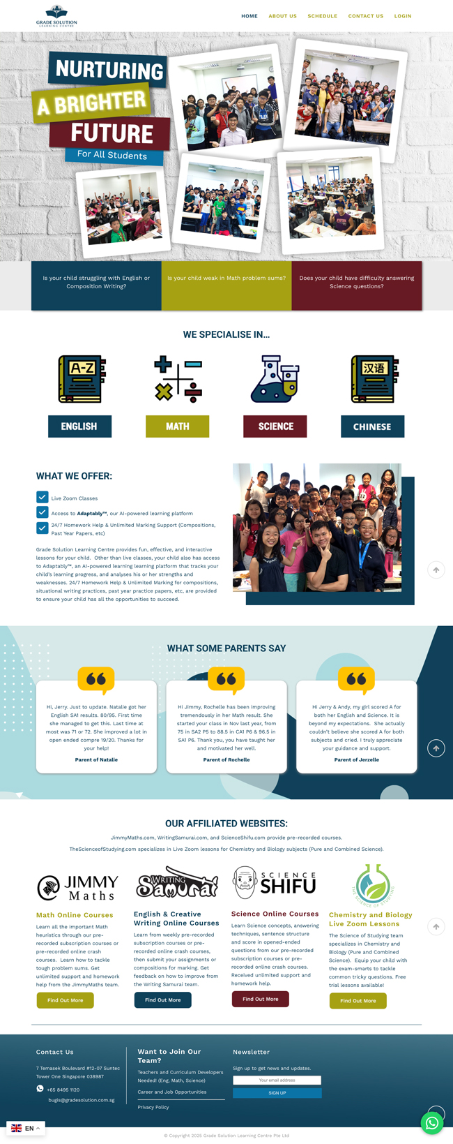 Screenshot of GSLC's educational website offering English, Math, Science, and Chinese programs for students, featuring group photos, testimonials, and Before/After success stories with links to affiliated websites.