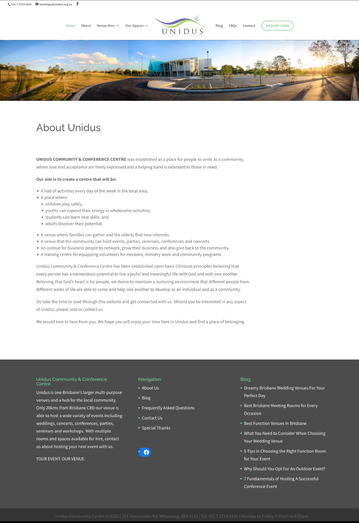 Screenshot of the "About Unidus" webpage, showing Before After details of the Unidus Community & Conference Centre’s mission, values, activities, plus contact info and navigation links at the bottom.