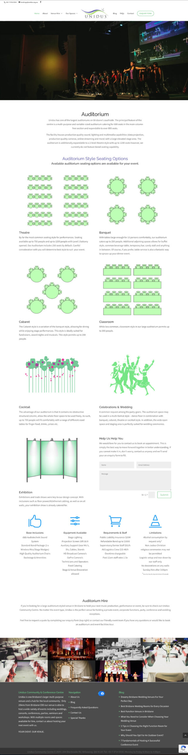 Screenshot of a Unidus webpage detailing auditorium seating options, with diagrams, event photos, and before-after comparisons. Find information about services, layout types, and technical specifications.