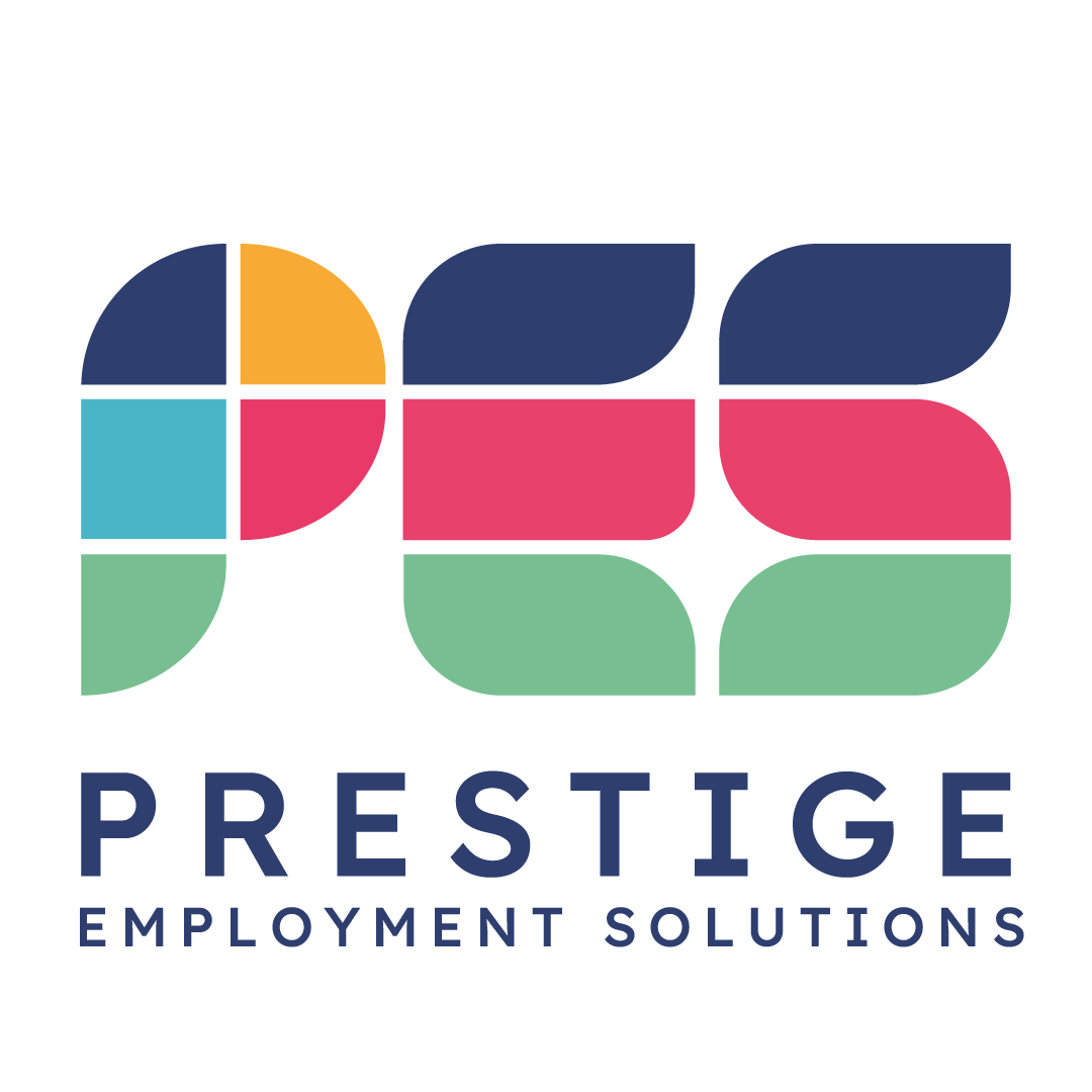 Logo for Prestige Employment Solutions with geometric shapes forming the letters "PES" in blue, orange, red, green, and purple above the company name in blue text.