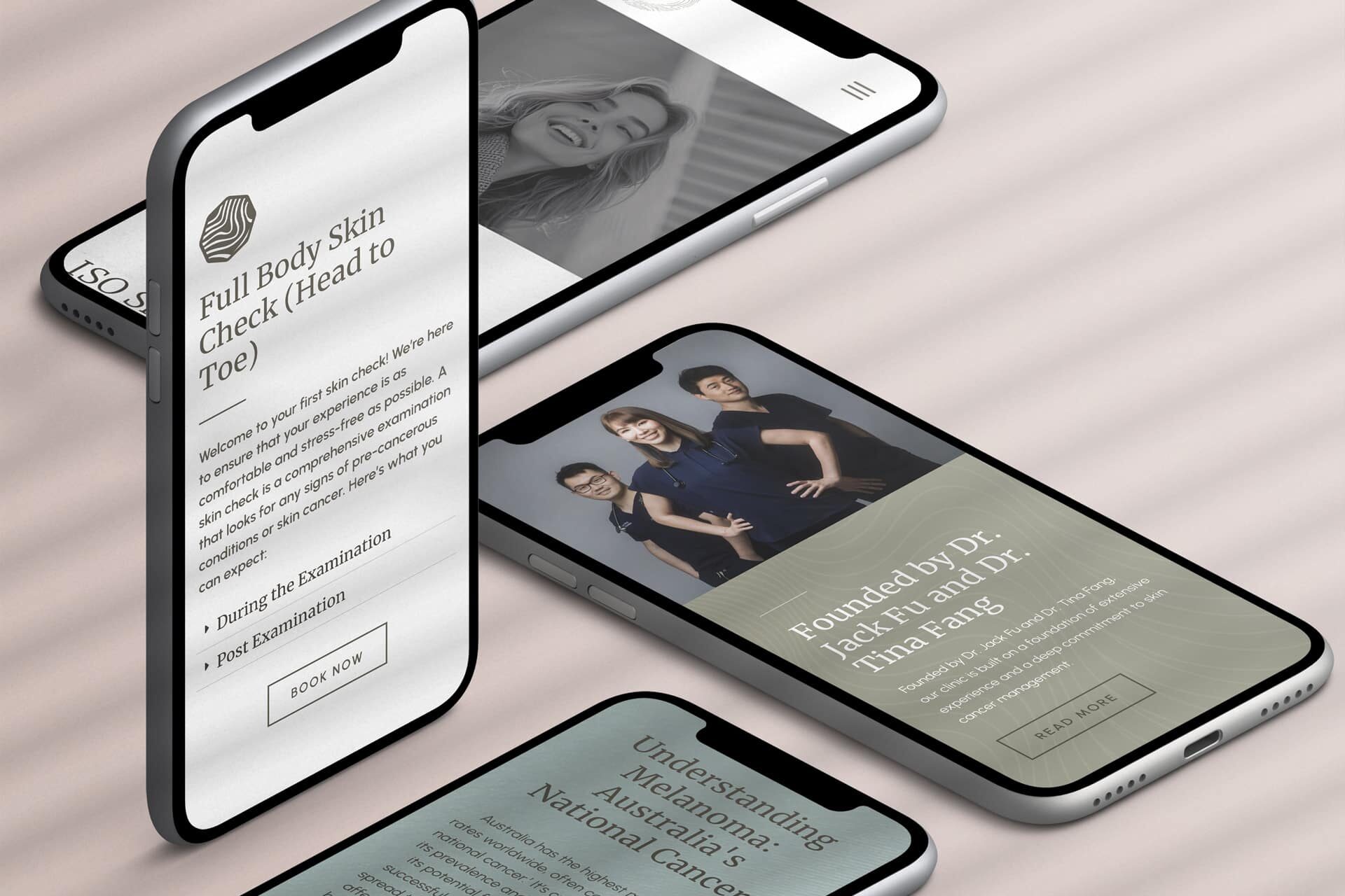 Five smartphones displaying a dermatology clinic's website homepage, featuring sections like 'Full Body Skin Check,' 'Book Now,' 'Founded by Dr. Hofer and Dr. Yana Fang,' and 'Understanding Melanoma,' all compliant with International Organization for Standardization (ISO) standards.
