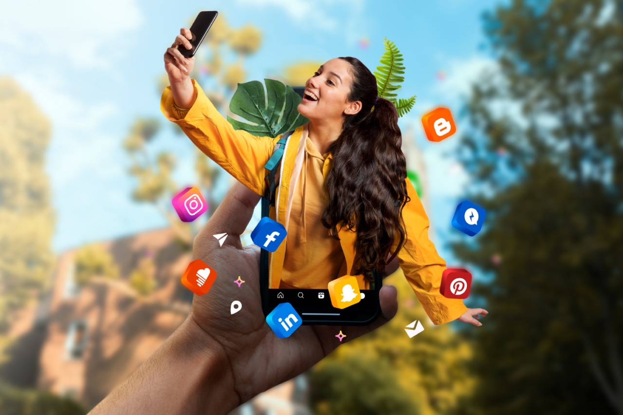 A woman in a yellow jacket appears to emerge from a smartphone, surrounded by social media icons, illustrating how engaging social media video and reel content connects people.