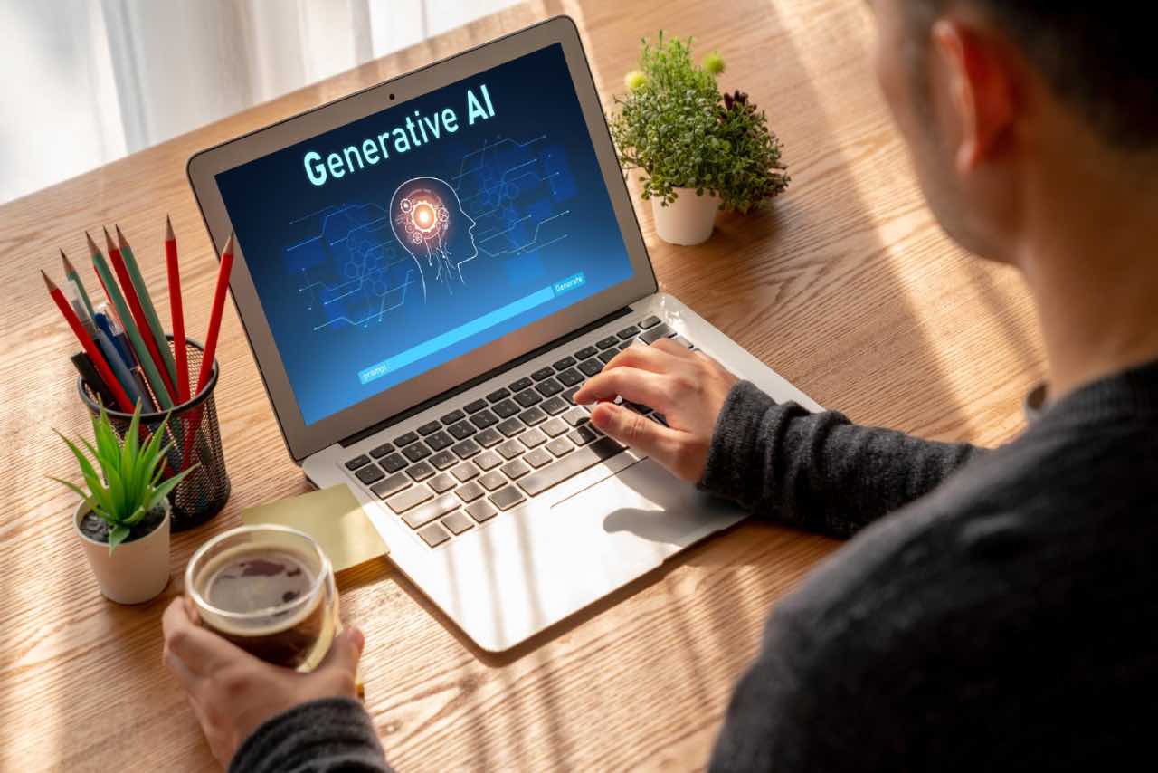 A person holds a cup of coffee while using a laptop displaying a "Generative AI" screen, surrounded by pencils, a notebook, and small potted plants—perfect for boosting business growth and driving traffic.