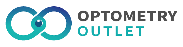 Logo with a blue-green infinity symbol resembling an eye—reflecting a commitment to eye care—next to the text “Optometry Outlet” in gray and teal capital letters.