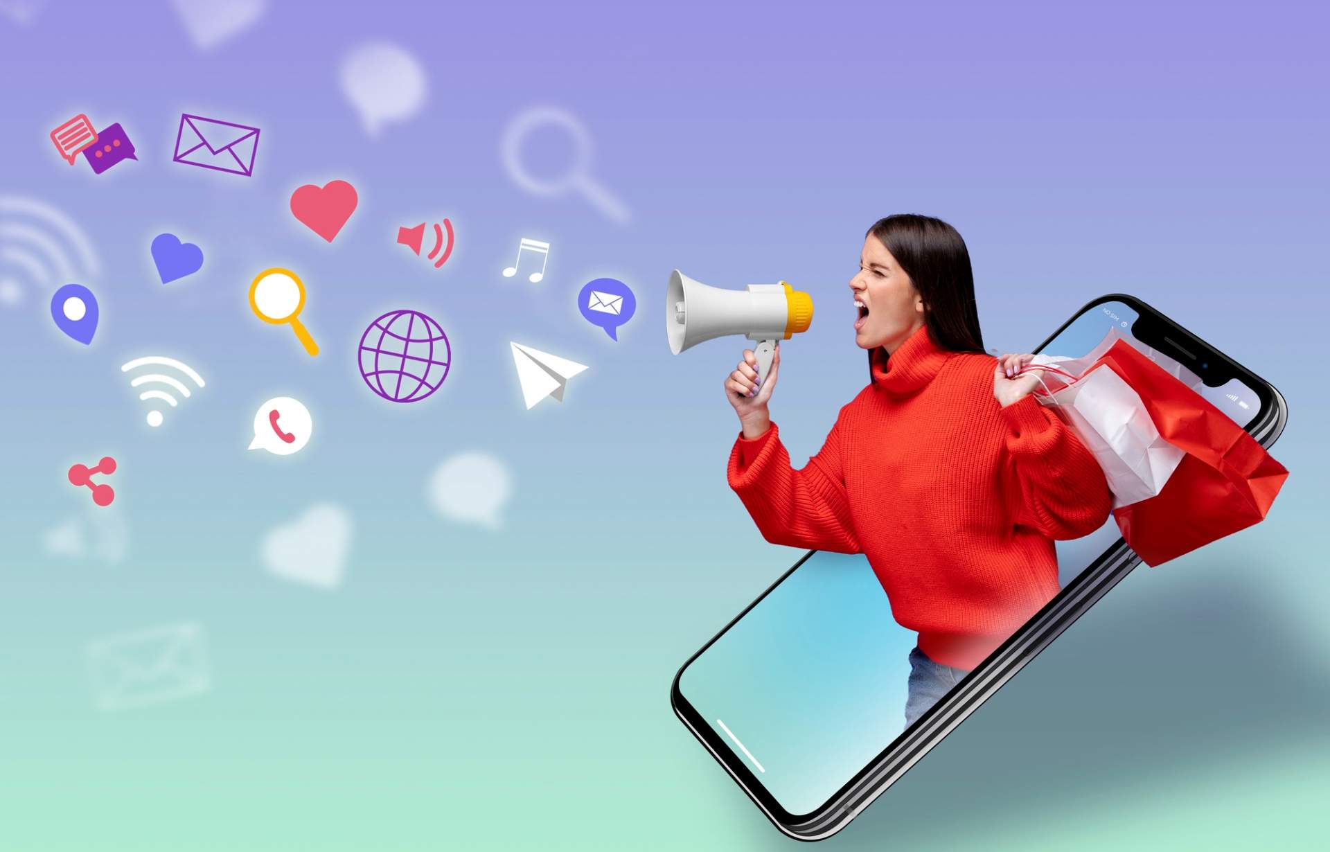 A woman holding shopping bags and speaking into a megaphone emerges from a smartphone, symbolizing the future of marketing as social media, SMS marketing, and communication icons float outward.