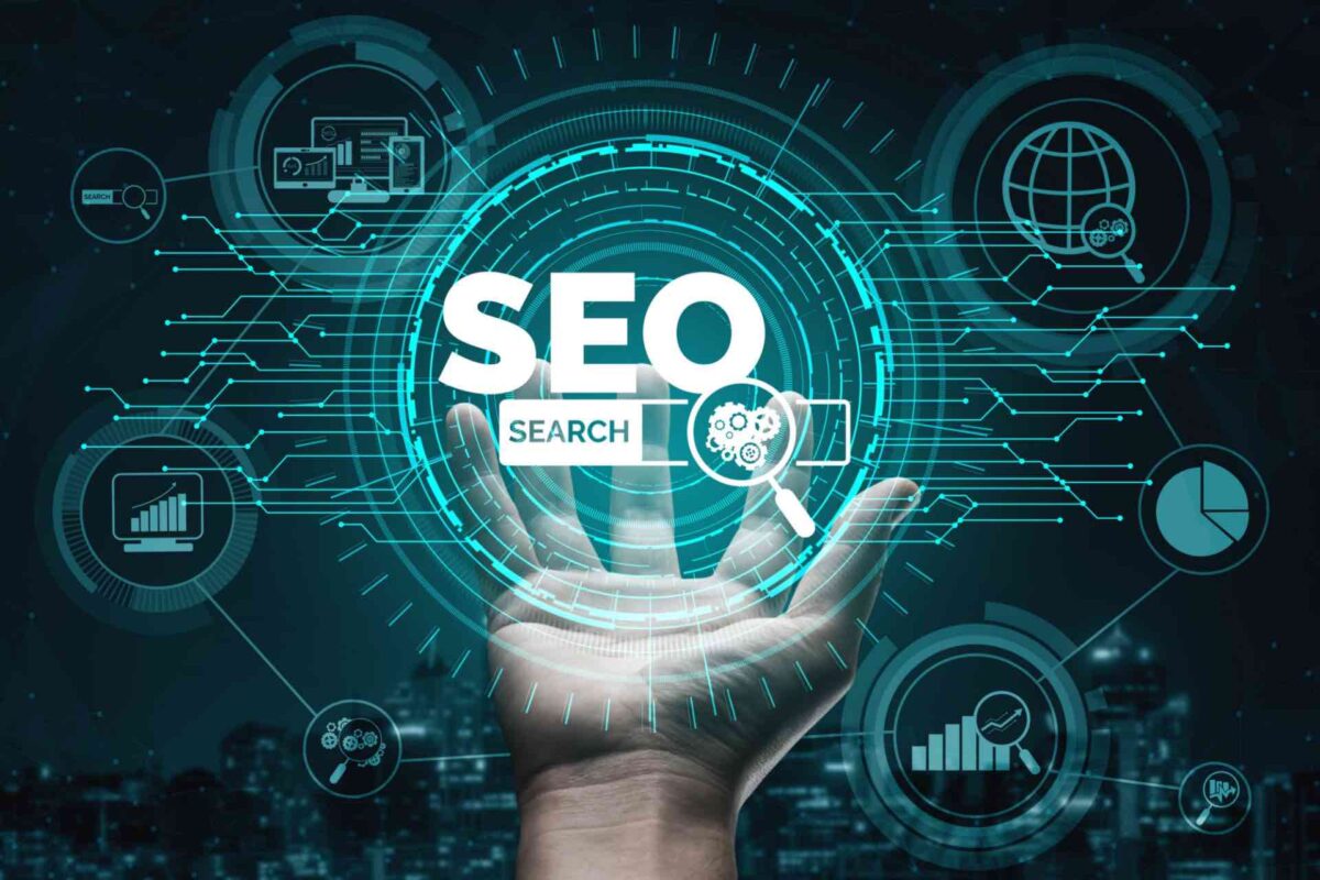 A hand holds a glowing "SEO Search" icon, surrounded by digital graphics representing analytics, web security, global reach, and online business concepts that drive traffic and support business growth.