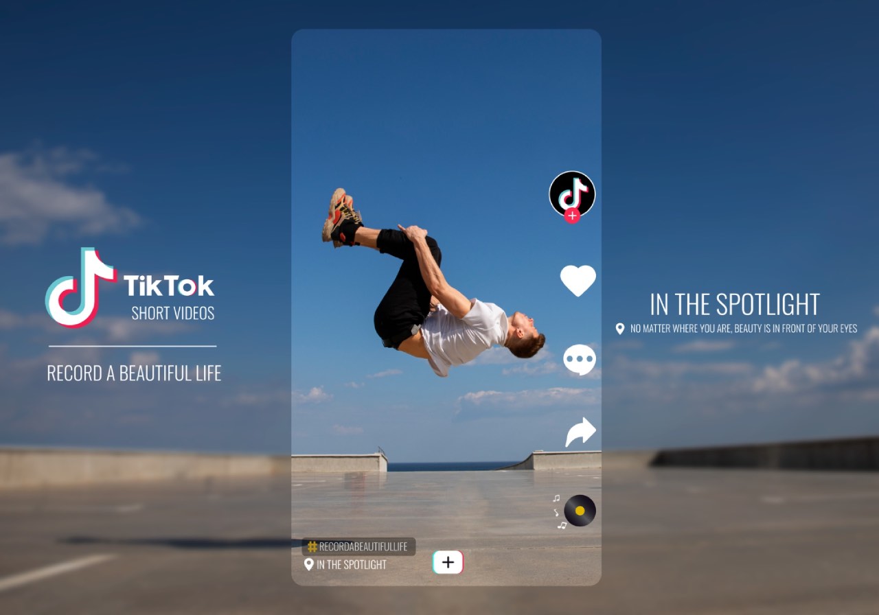 A man performs a backflip on a concrete surface outdoors, framed within a TikTok recording interface against a blue sky - creating dynamic social media content that connects with viewers.