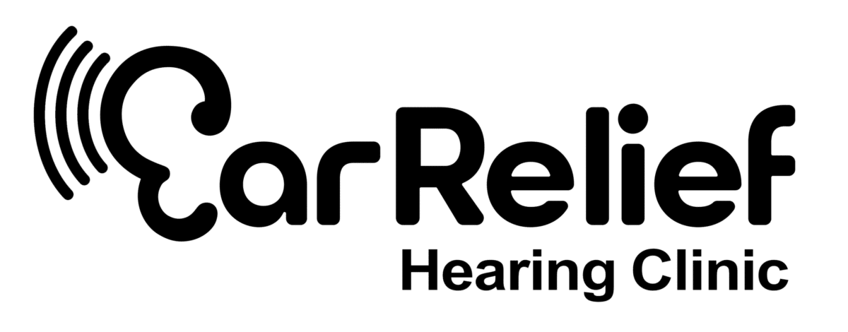 Logo for Ear Relief Hearing Clinic with stylized sound waves next to the letter "E.