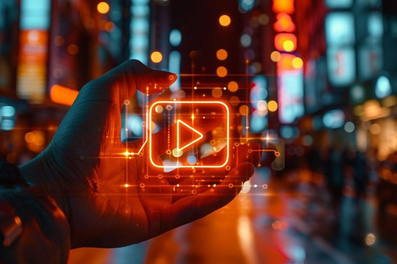 A hand holds a glowing digital play button icon, symbolising visual content writing and strategic impact, amid a blurred city street at night with colorful lights.