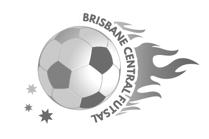 Logo of Brisbane Central Futsal featuring a stylized soccer ball and a dragon outline in silver and white tones.