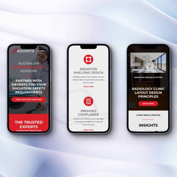 Three iPhones displaying a website design that emphasizes radiation and Sieverts.