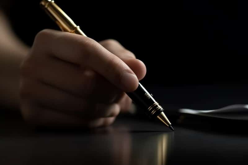         Description: A person is writing with a pen at home.