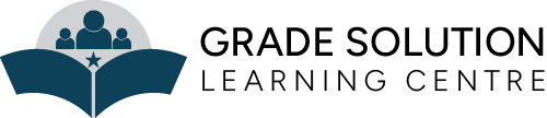 Logo for Grade Solution Learning Centre featuring three simplified human figures above an open book with a star, highlighting the Learning Centre’s name in bold text.
