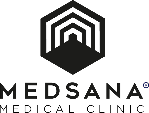 Logo of Medsana medical facility featuring a stylized hexagon with abstract layers and the name in capital letters below.