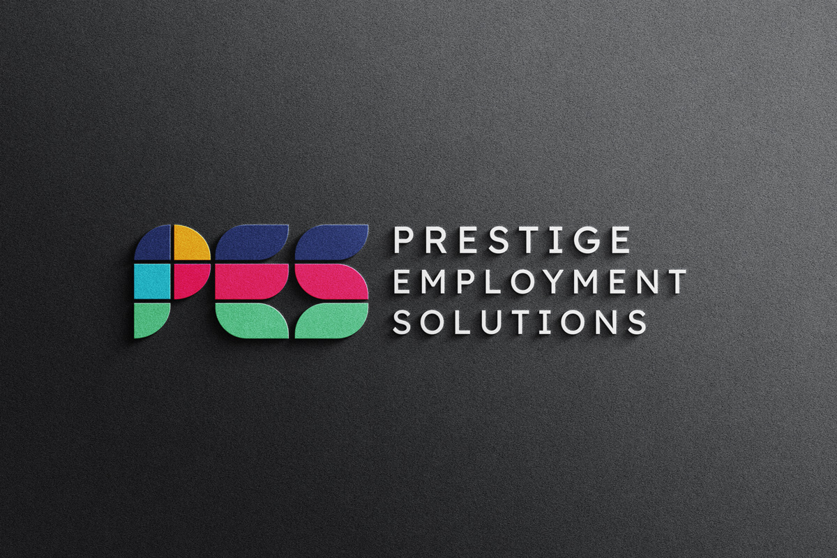 Logo for Prestige Employment Solutions, featuring the initials "PES" in colorful geometric shapes, next to the company name in white capital letters on a dark textured background.